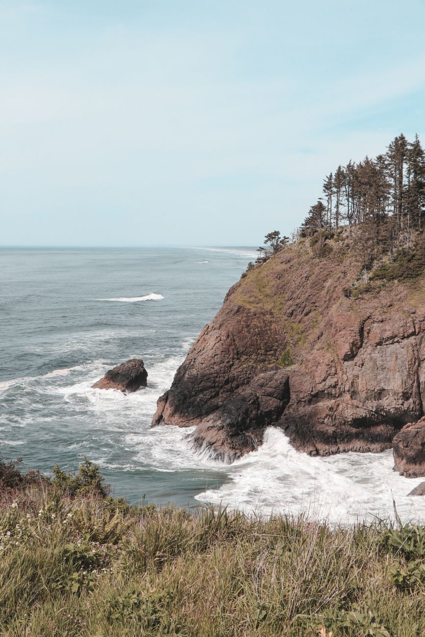 Pacific ocean coastline with sea stacks and driftwood